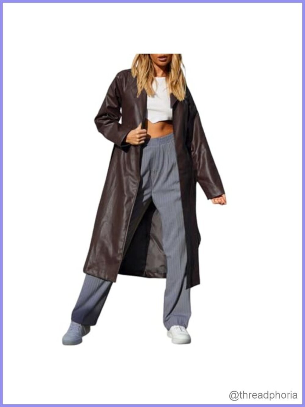 PU Faux Leather Long Trench Coat with Belt Open Front